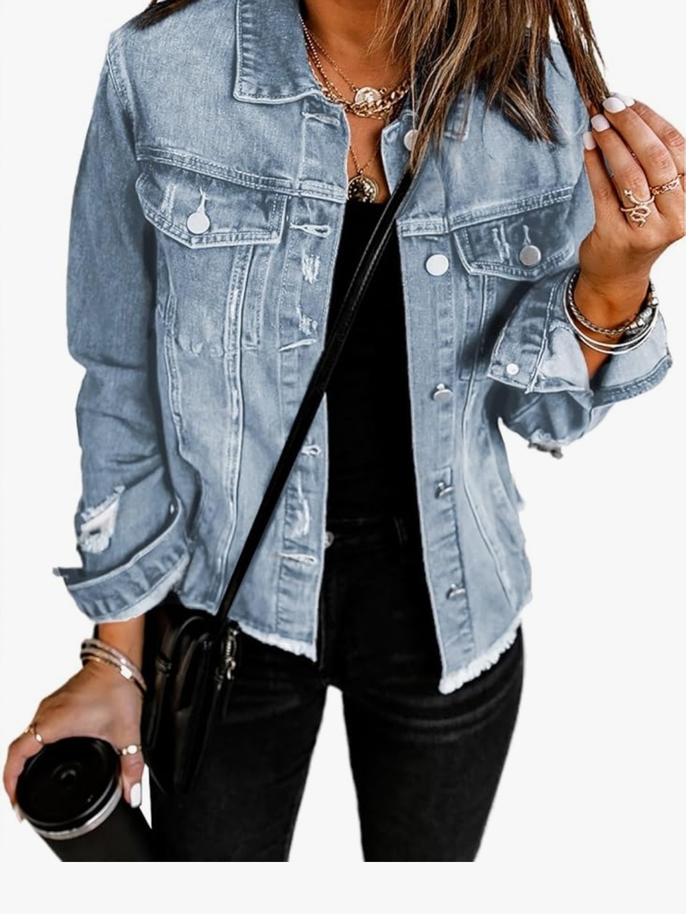 Evaless Women's Light Blue Distressed Ripped Jean Jacket Size M